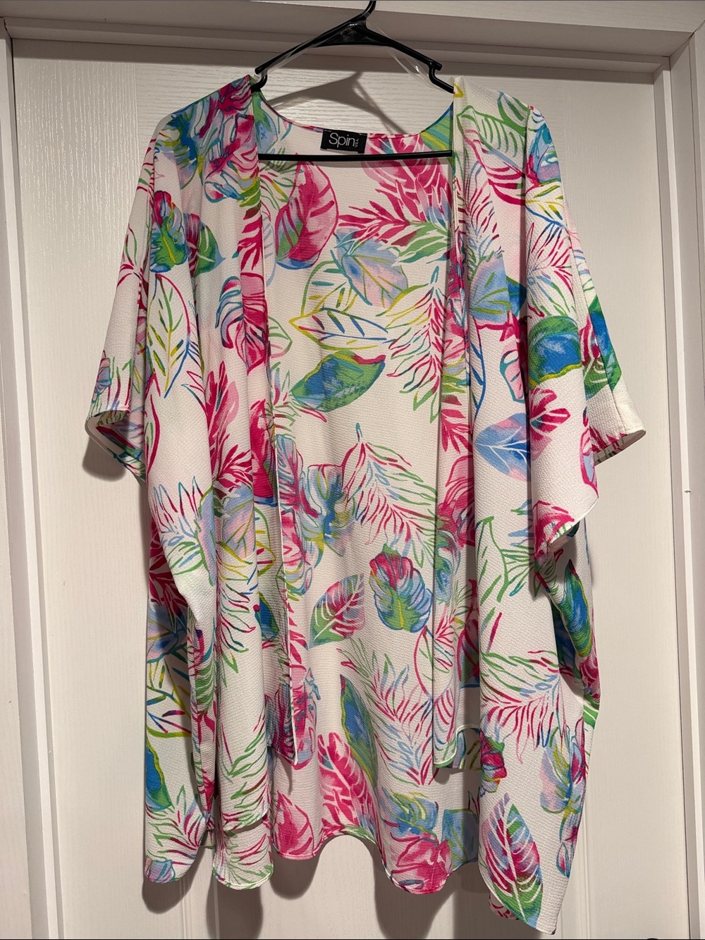 Spin Tropical Leaf Open Kimono - White with Pink, Blue & Green